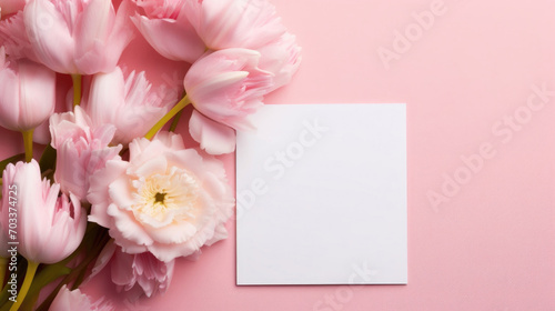 Pink tulips and blank card with handwritten text on pink background © mashimara