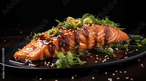  a black plate topped with a piece of salmon covered in sauce and garnished with green onions and sesame seeds.