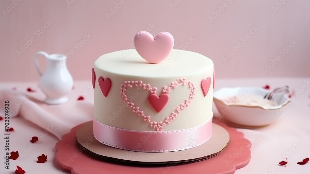 A white fondant-covered cake with red and pink hearts, adorned with a cluster of red candies on top, placed on a pink stand against a neutral background. A white fondant-covered cake with red and pink hearts, adorned with a cluster of red candies on top, placed on a pink stand against a neutral background.