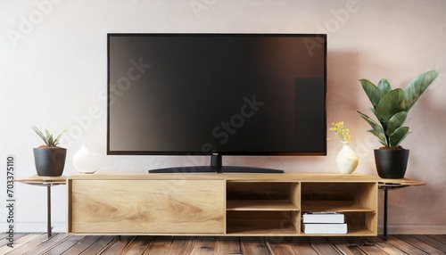 black smart tv mockup on wooden console 3d rendering
