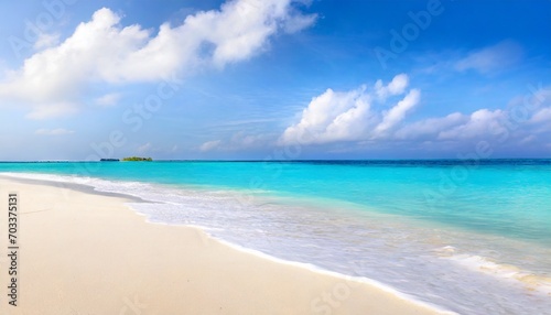 beautiful sandy beach with white sand and rolling calm wave of turquoise ocean on sunny day on background white clouds in blue sky island in maldives colorful perfect panoramic natural landscape © Debbie