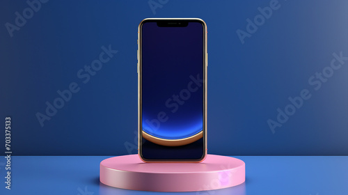 Blue Mobile Phone on Gold-Bordered Cylinder Podium: Technology Triumph and Business Success Illustration.