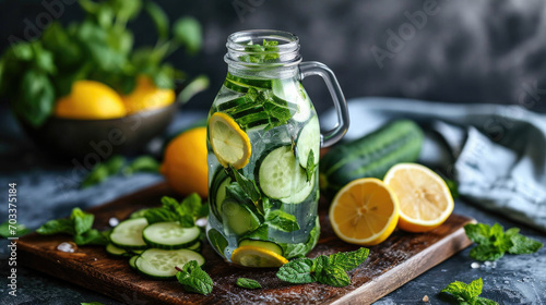 Glasses of detox water with cucumber, lemon, and mint leaves on a wooden surface, refreshing and healthy