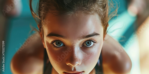 Portrait of a young female athlete, cropped image. Professional sports gymnast, rhythmic gymnastics, sports clothes for training. photo