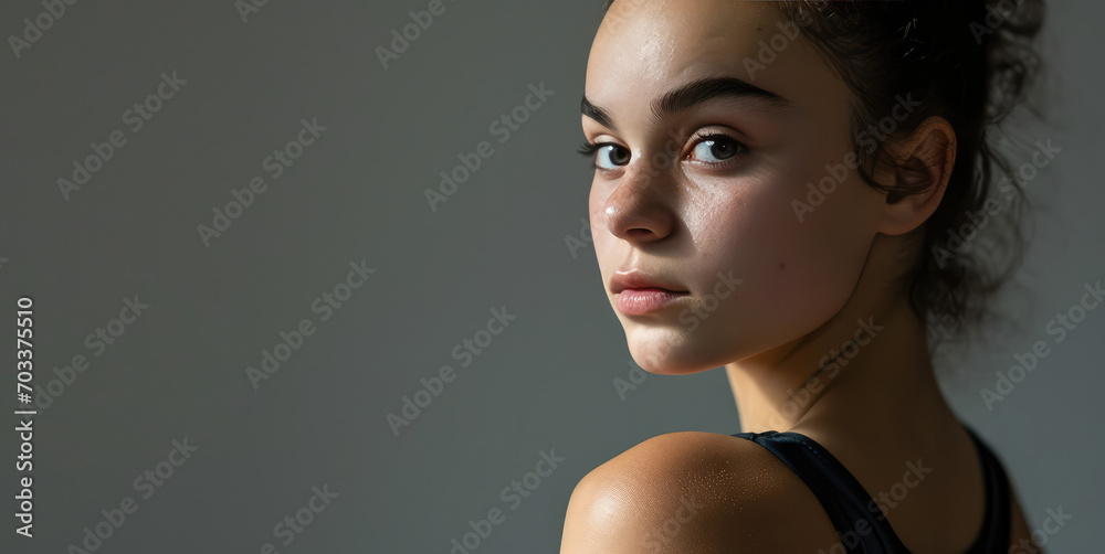 Portrait of a young female athlete isolated on flat grey background, cropped image. Professional sports gymnast, rhythmic gymnastics, sports clothes for training. - obrazy, fototapety, plakaty 