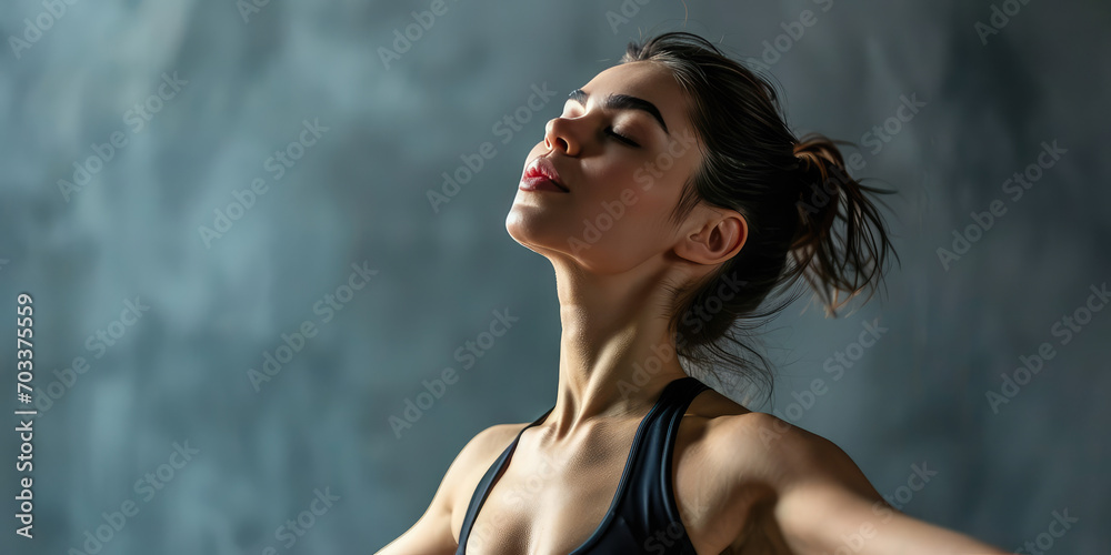 Fototapeta premium Portrait of a young female athlete, cropped image with copy space. Professional sports gymnast, rhythmic gymnastics, sports clothes for training.