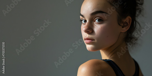 Portrait of a young female athlete isolated on flat grey background, cropped image. Professional sports gymnast, rhythmic gymnastics, sports clothes for training.