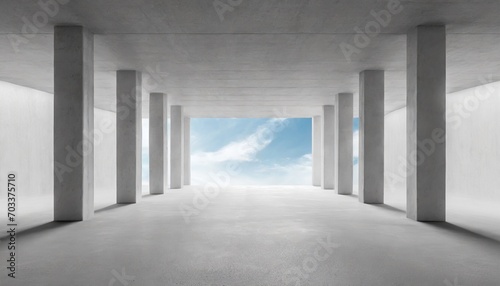 abstract empty modern concrete room with rows of pillars ceiling sky opening in the center and rough floor industrial interior background template