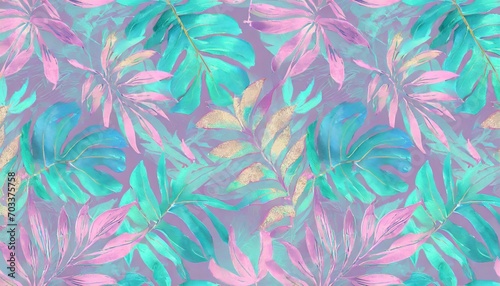 shiny tropical leaves pastel colored in turquoise mint purple pink rose gold blue watercolor 3d illustration luxury wallpaper premium high quality seamless mural pattern digital art tattoos