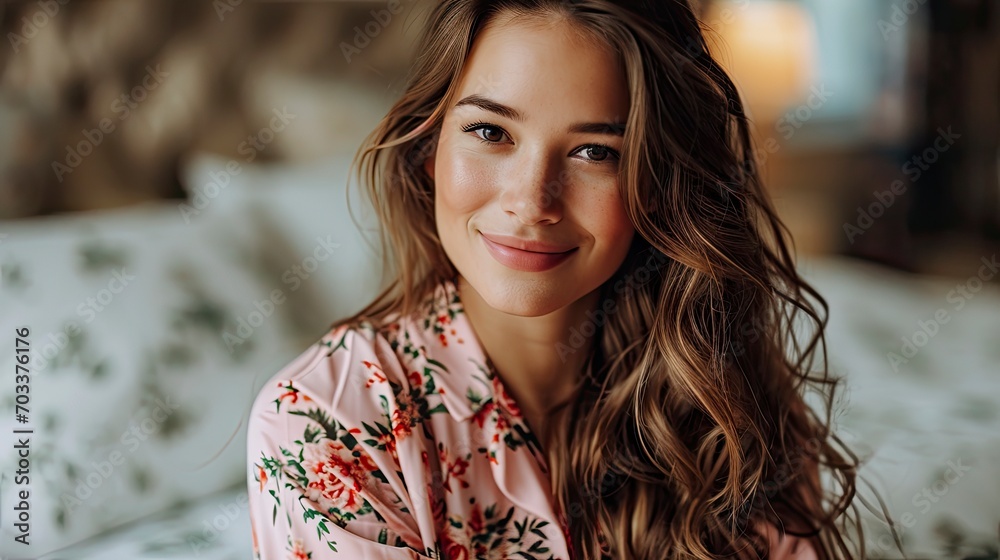 Smiling Brunette Woman Wearing Pajama Sitting, Background HD For Designer