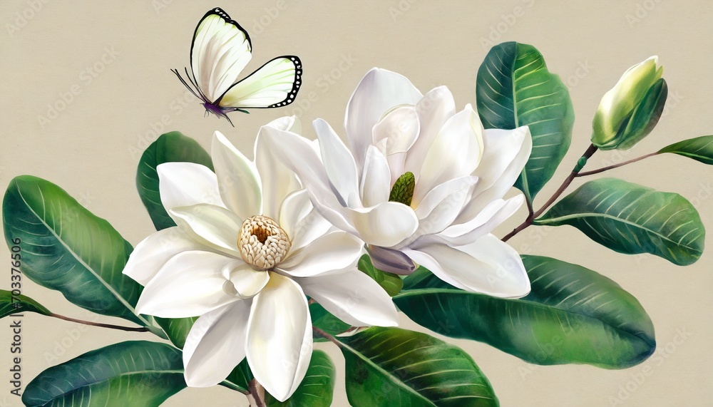 Obraz premium big white magnolia flowers on beige background green leaves beautiful tropical butterflies watercolour 3d illustration hand drawn digital paper luxury wallpaper premium mural cloth textile