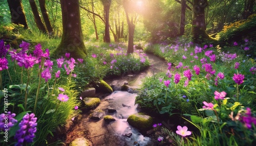 enchanted forest pathway with whimsical flora and a mystical stream fantasy adventure concept