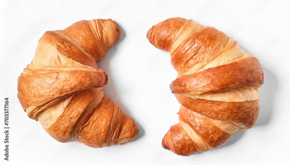 two croissants isolated on a white background viewed from above top view two croissants isolated on a white background viewed from above top view