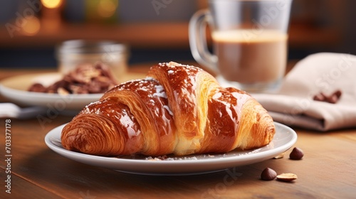  a close up of a croissant on a plate on a table with a cup of coffee in the background. photo
