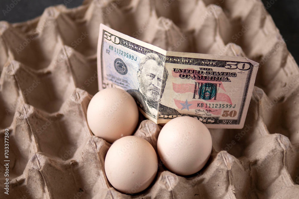 There are eggs in the egg carton and 100 dollars on it, implying an increase in egg prices,