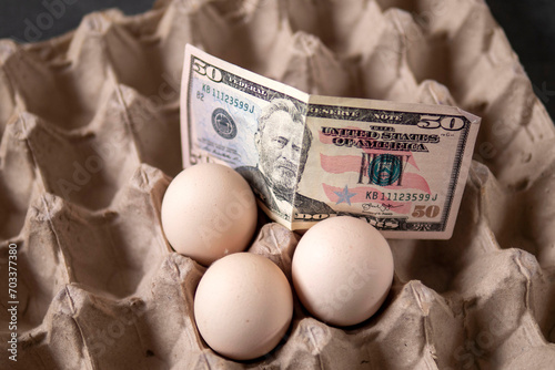 Obraz na płótnie There are eggs in the egg carton and 100 dollars on it, implying an increase in egg prices, w salonie