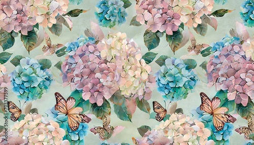 Wallpaper Mural watercolor painting with hydrangea flowers bouquets butterflies seamless pattern luxury wallpaper beautiful art 3d illustration pastel colors pink purple turquoise beige digital paper Torontodigital.ca