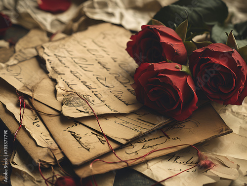 Photo of love letters and roses. Sentimental scene that resonates with the classic charm of romance. Romantic images. Valentines Day roses.  photo