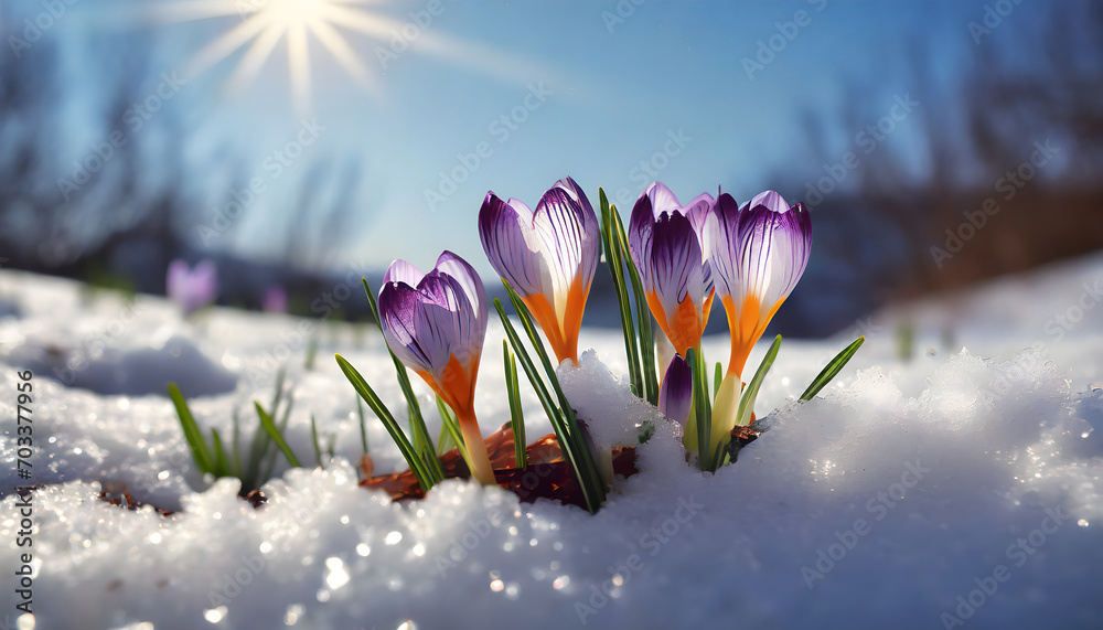 Crocus poking through the snow. Concept of spring coming. - obrazy, fototapety, plakaty 
