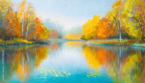 abstract oil painting autumn landscape forest and pond impressionist art hazy fall morning