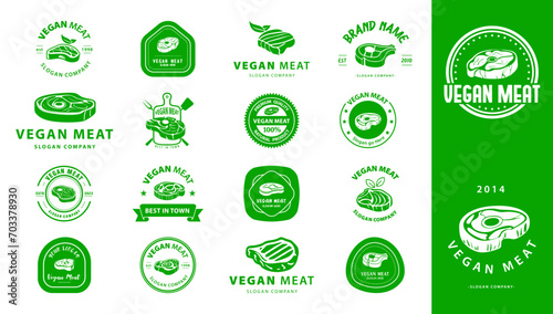 Logo mega collection. Vegetarian meat Premium logo. Plant based meat logo. Vegan steak with leaf vector design. Vegan meat made from plants.