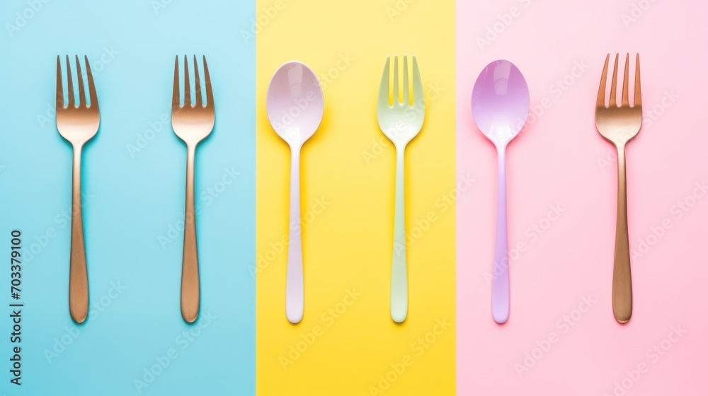 a group of forks and spoons sitting next to each other on a colorful and blue and pink background with a pastel background. a group of forks and spoons sitting next to each other on a colorful and blue and pink background with a pastel background.