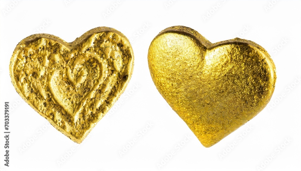 Fototapeta premium two gold hearts of different sizes of uneven shape isolated on