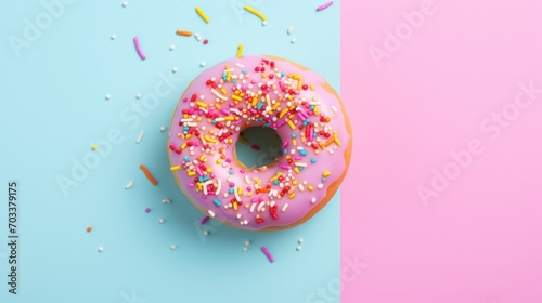  a donut with pink frosting and sprinkles on a blue and pink and pink and pink background. photo