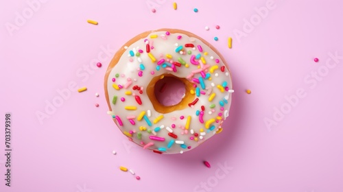  a donut with white frosting and sprinkles on a pink background with colored sprinkles. photo