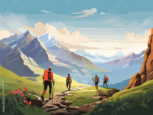 "Craft a detailed vector illustration illustrating travelers hiking amidst breathtaking mountain scenery. Infuse the artwork with a sense of scale, showcasing the vastness of the landscape, and use in
