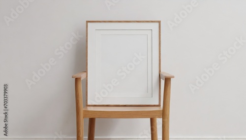 square frame with poster mockup standing on the wooden chair 3d rendering
