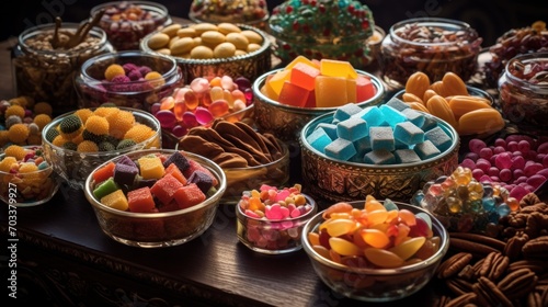  a table topped with bowls filled with lots of different types of candies and candies on top of a wooden table.