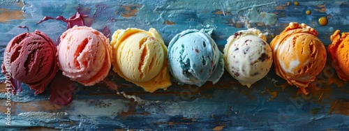 A colorful selection of ice cream scoops lined up on a textured background, showcasing a variety of delectable flavors.