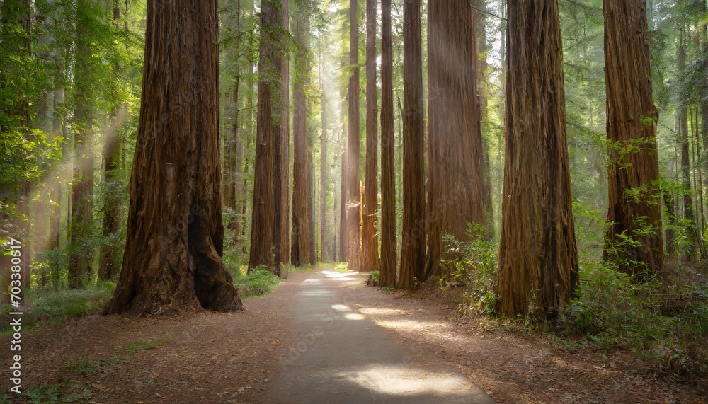 sunlight through redwood trees on a path in the redwood forest
