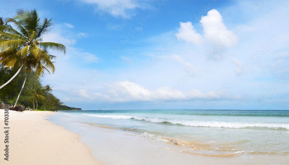 a nice beach with white sand cloud palm tree and wave