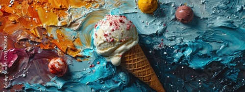 A single ice cream cone with sprinkles lies against a dynamic backdrop of expressive brushstrokes, blending art with dessert.