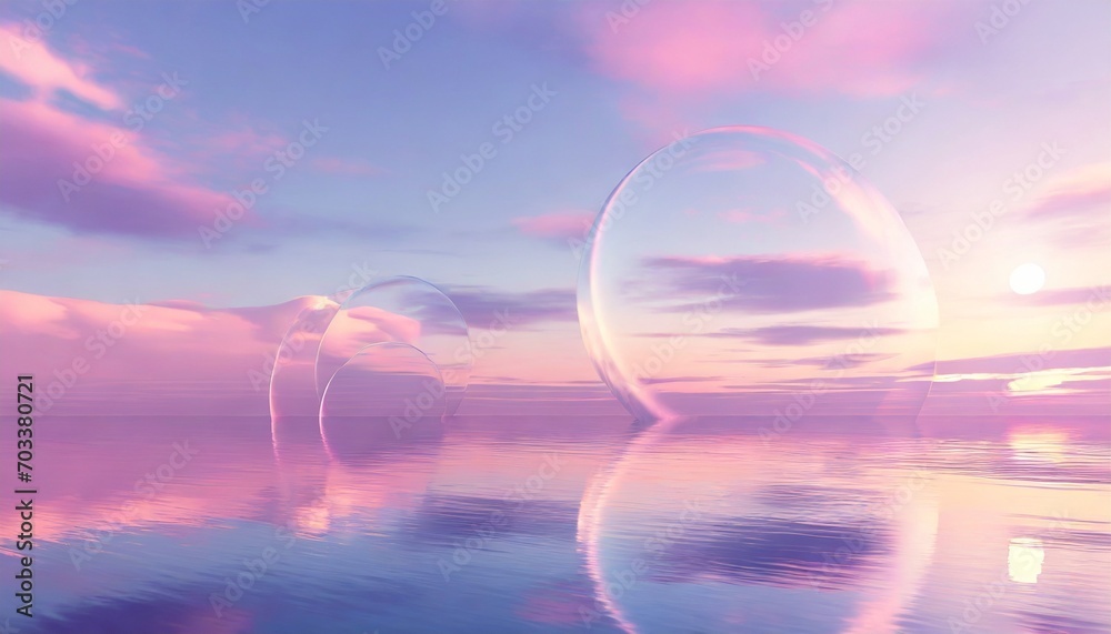 3d render abstract fantasy panoramic background fantastic scenery wallpaper seascape with calm water under the pink sunset sky with clouds round mirrors and neon