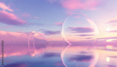 3d render abstract fantasy panoramic background fantastic scenery wallpaper seascape with calm water under the pink sunset sky with clouds round mirrors and neon