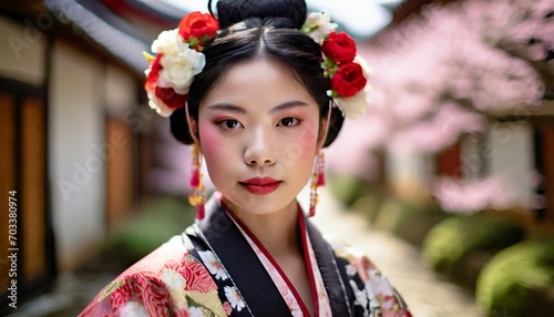 Geisha Woman Close-up Portait in Traditional Attire