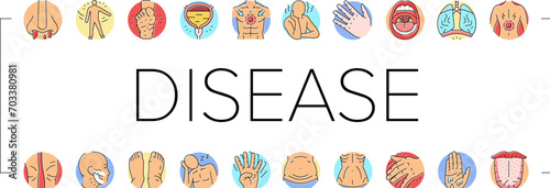 disease symptom health icons set vector. epidemic medicine, sick infection, corona heart, pain, patient infographic, stroke disease symptom health color line illustrations