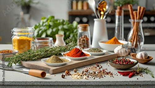 herbs and spices on a wooden board