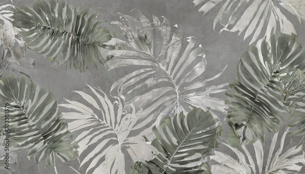 photo wallpaper with tropical leaves decorative fresco in the grunge style palm leaves on a gray background large tropical leaves