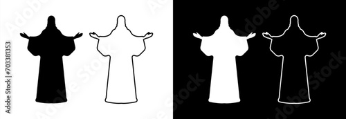 Jesus Christ is standing with raised hands towards the mountain. The concept of the resurrected Christ for Easter.