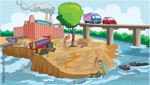 Vector illustration showing different types of pollution - water, air and noise