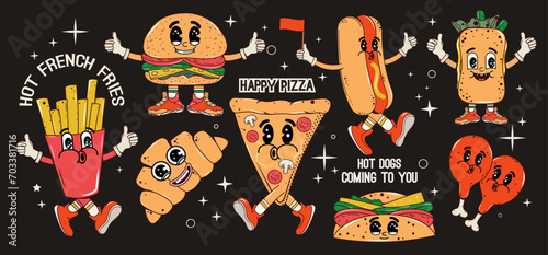 Set of street food. Characters with faces and expression. Set of food in groovy style. Burgers, hot dog, croissant, fries, pizza, tacos, chicken legs, sandwich. Y2k. Trendy psychedelic design. Hippie.