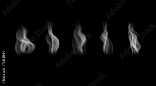 Set of vector white smoke. Realistic style. Wavy transparent steam isolated on black backdrop