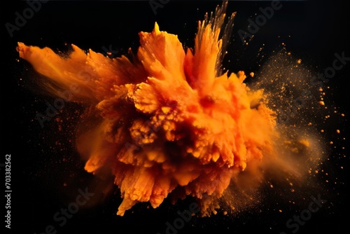 Explosion of tangerine colored powder on black background