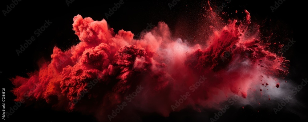 Explosion of ruby red colored powder on black background