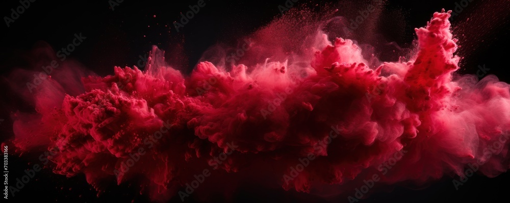 Explosion of ruby red colored powder on black background
