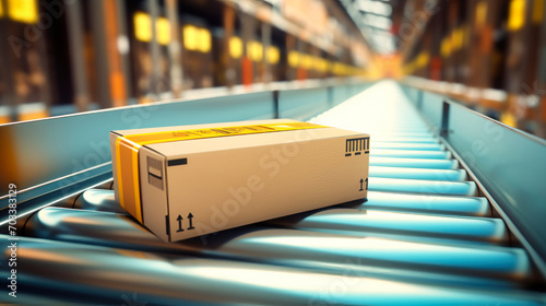 Parcel delivery, packaging and parcel services, cardboard boxes on a conveyor belt in a warehouse, transportation system concept image.